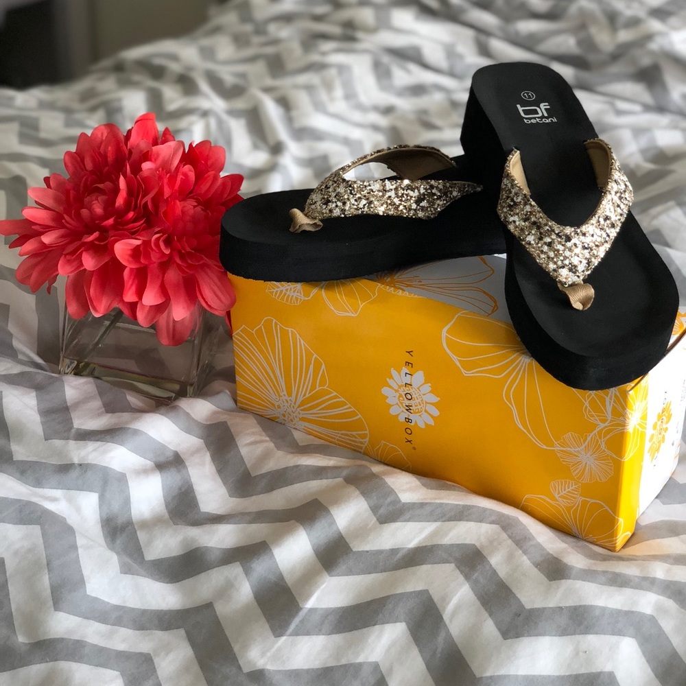 Yellow Box Gold Sparkle Wedge Flip Flops
